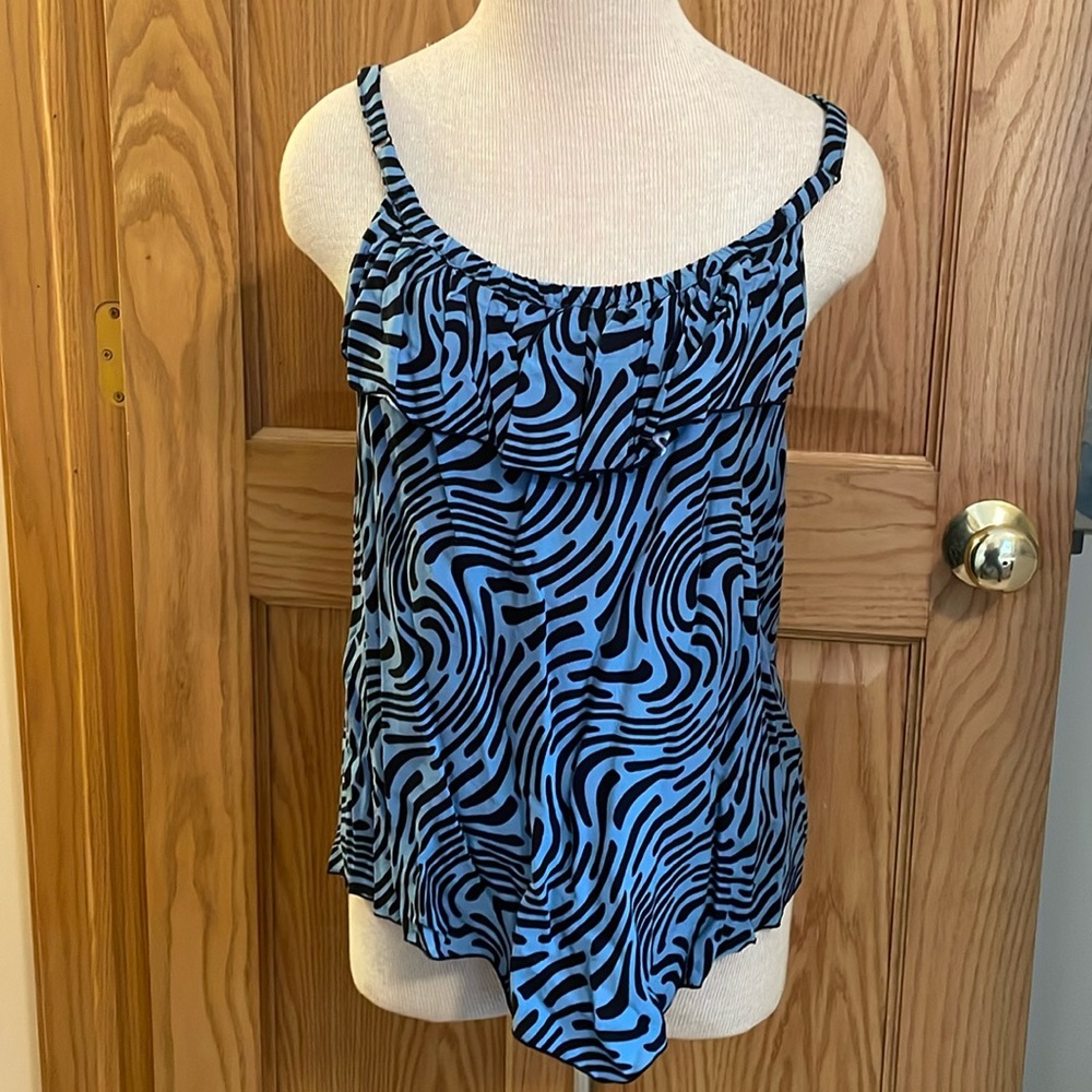 Blue and black cami tank top with adjustable straps and bodice ruffle